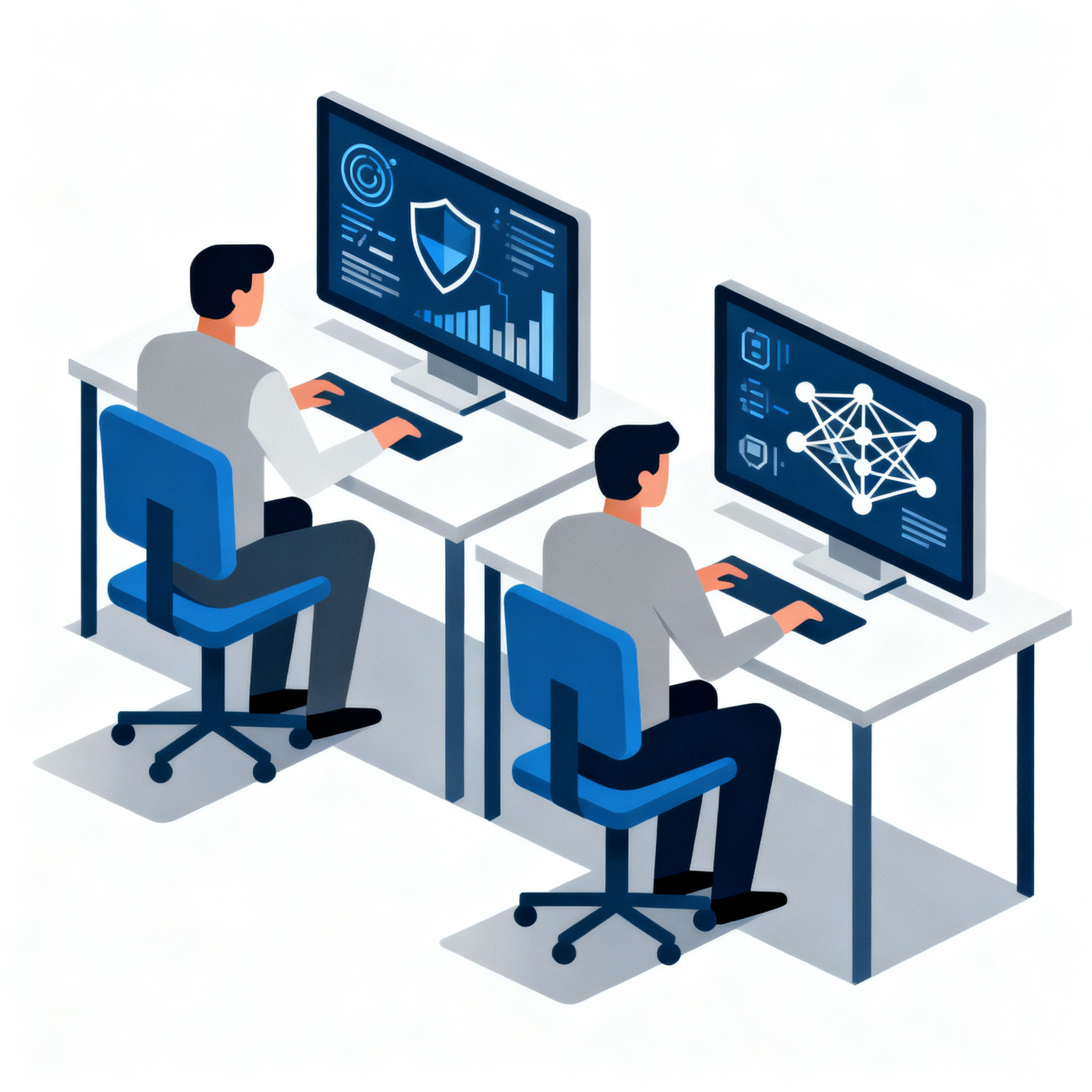 Security researchers analyzing network data at computer workstations
